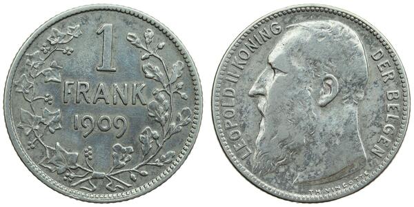 1 Франк Бельгія Срібло Леопольд II (1835 - 1909)