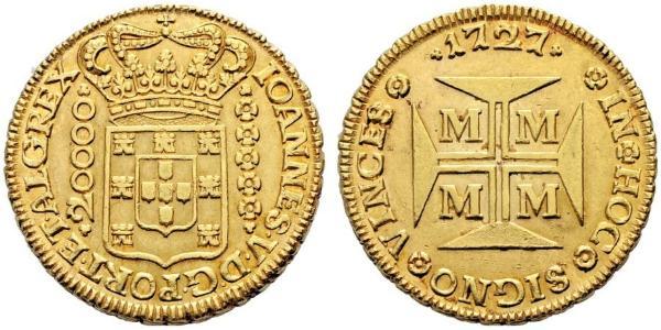 20000 Reis Brasilien Gold Johann V. von Portugal (1689-1750)