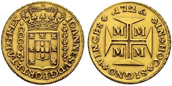 20000 Reis Brasil Oro Juan V de Portugal (1689-1750)
