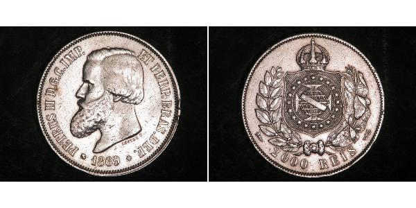 2000 Рейс Бразильская империя (1822-1889) Серебро Педру II (император Бразилии) (1825 - 1891)