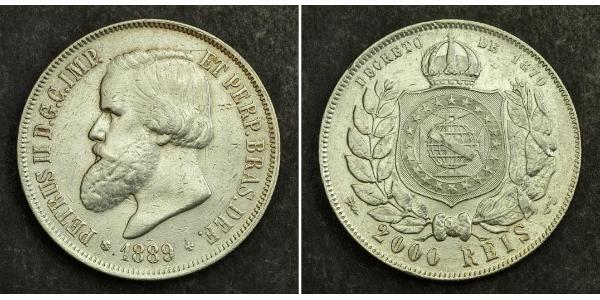 2000 Рейс Бразильская империя (1822-1889) Серебро Педру II (император Бразилии) (1825 - 1891)