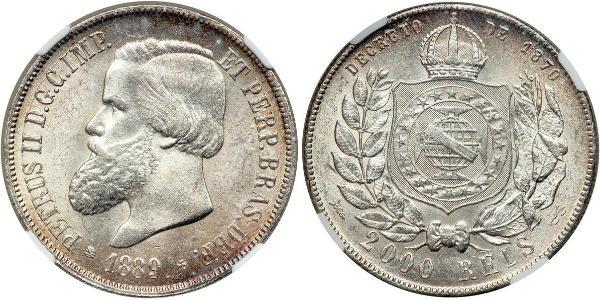 2000 Рейс Бразильська імперія (1822-1889) Срібло Педру II (імператор Бразилії) (1825 - 1891)