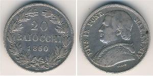 20 Baiocco Papal States (752-1870) Silver Pope Pius IX (1792- 1878)