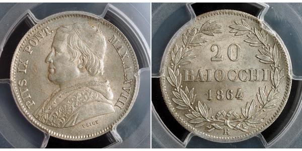 20 Baiocco Papal States (752-1870) Silver Pope Pius IX (1792- 1878)