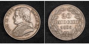 20 Baiocco 教皇国 (754 - 1870) 銀 Pope Pius IX (1792- 1878)