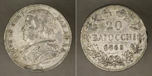 20 Baiocco 教皇国 (754 - 1870) 銀 Pope Pius IX (1792- 1878)