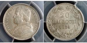 20 Baiocco 教皇国 (754 - 1870) 銀 Pope Pius IX (1792- 1878)