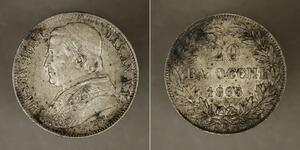 20 Baiocco 教皇国 (754 - 1870) 銀 Pope Pius IX (1792- 1878)