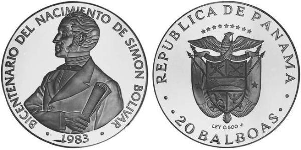 20 Balboa Panamá Plata Simon Bolivar (1783 - 1830)