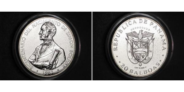 20 Balboa Republic of Panama Silver Simon Bolivar (1783 - 1830)