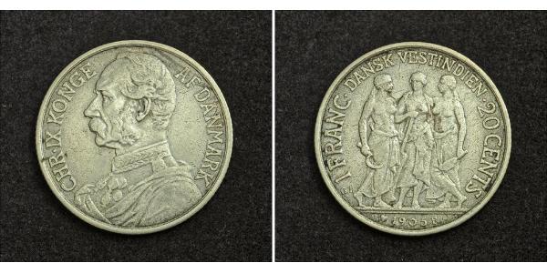 20 Cent / 1 Franc Denmark Silver Christian IX of Denmark (1818-1906)