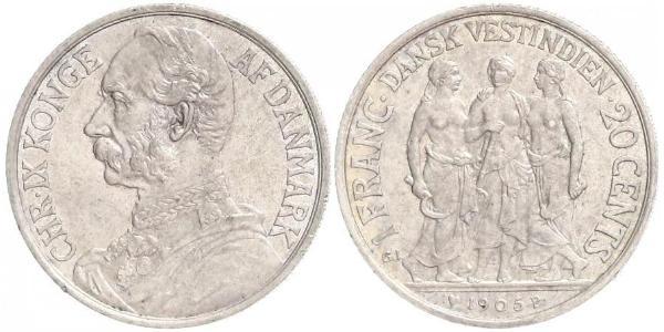 20 Cent / 1 Franc 丹麦 銀 克里斯蒂安九世 (1818-1906)