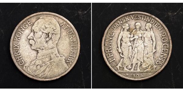 20 Cent / 1 Franc 丹麦 銀 克里斯蒂安九世 (1818-1906)