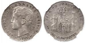 20 Centavo Porto Rico Argent Alfonso XIII of Spain (1886 - 1941)