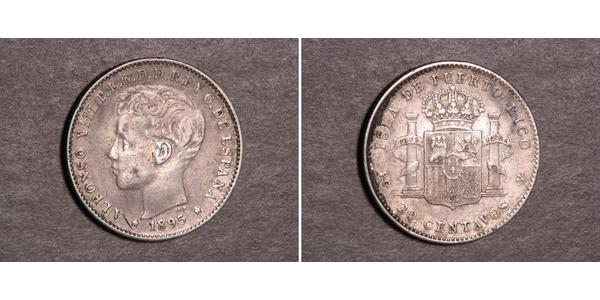 20 Centavo Porto Rico Argent Alfonso XIII of Spain (1886 - 1941)