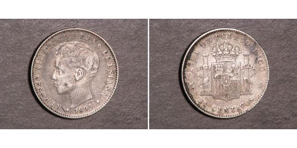 20 Centavo Porto Rico Argent Alfonso XIII of Spain (1886 - 1941)