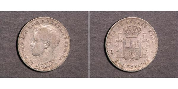 20 Centavo Porto Rico Argent Alfonso XIII of Spain (1886 - 1941)