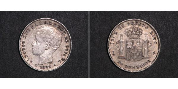 20 Centavo Porto Rico Argento Alfonso XIII of Spain (1886 - 1941)