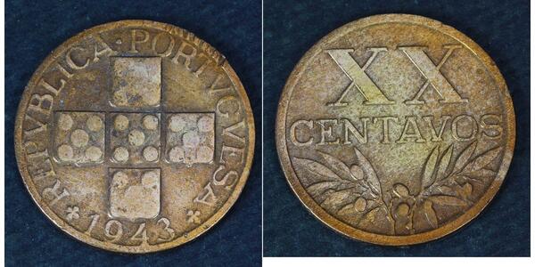 20 Centavo Second Portuguese Republic (1933 - 1974) Bronze 