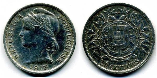 20 Centavo Primera República Portuguesa (1910 - 1926) Plata 