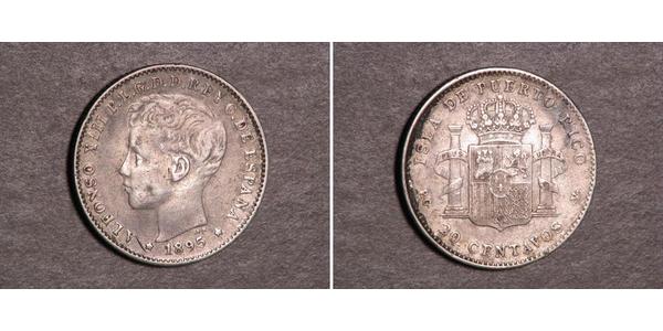 20 Centavo Puerto Rico Plata Alfonso XIII of Spain (1886 - 1941)