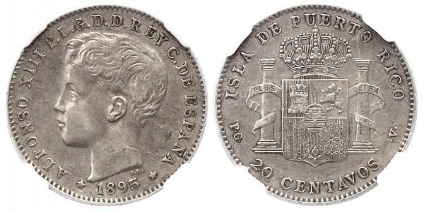 20 Centavo Puerto Rico Silver Alfonso XIII of Spain (1886 - 1941)