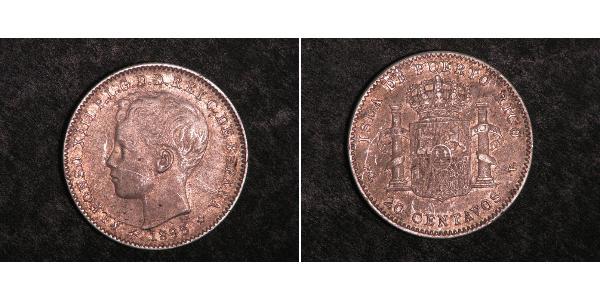 20 Centavo Puerto Rico Silver Alfonso XIII of Spain (1886 - 1941)