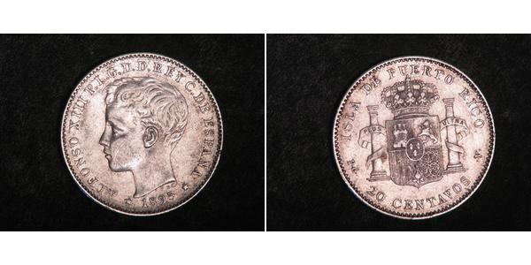 20 Centavo Puerto Rico Silver Alfonso XIII of Spain (1886 - 1941)