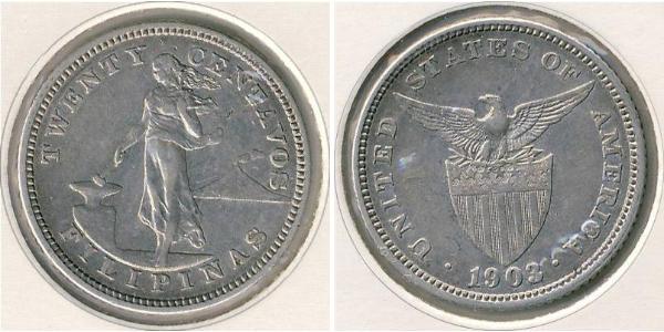20 Centavo 菲律宾 銀 