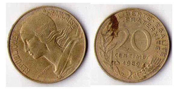 20 Centime French Fifth Republic (1958 - ) Brass 