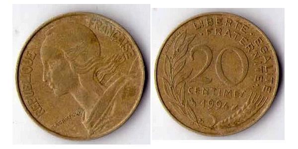 20 Centime Quinta República Francesa (1958 - ) Latón 