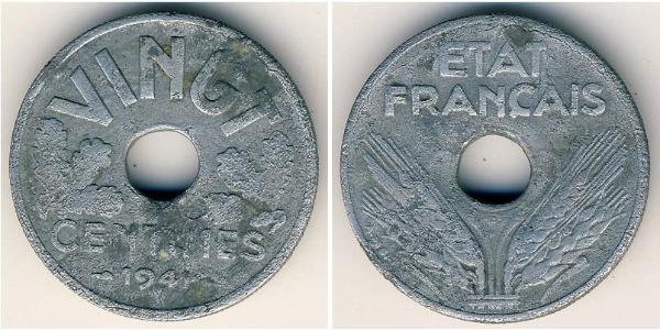 20 Centime Vichy France (1940-1944) Zinc 