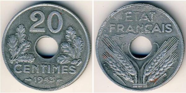 20 Centime Vichy France (1940-1944) Zinc 
