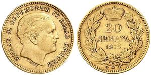 20 Denaro Serbia Oro Milan Obrenović IV di Serbia