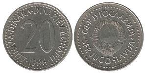 20 Dinar 南斯拉夫社会主义联邦共和国 (1943 - 1992) 銅/Zinc 