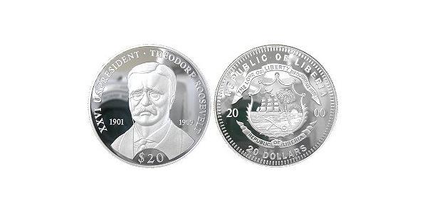 20 Dollar Liberia 銀 Theodore Roosevelt (1858 - 1919)