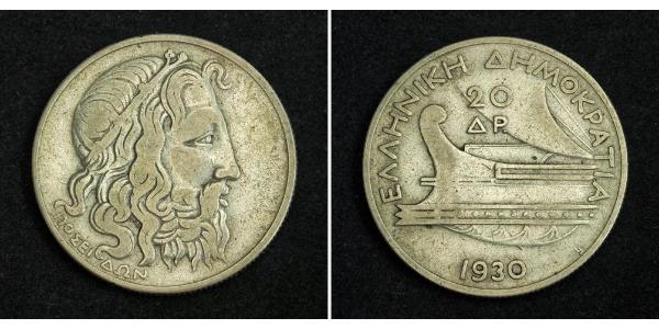 20 Drachma Segunda República Helénica  (1924 - 1935) Plata 
