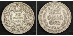 20 Franc Tunisie Argent Ahmed II Bey