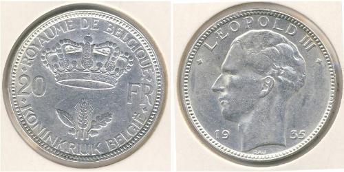 20 Franc Belgio Argento Leopoldo III del Belgio