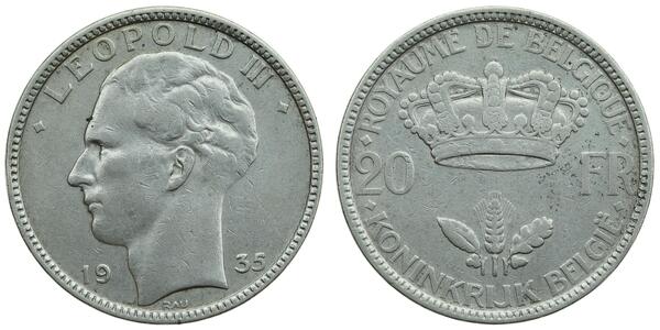 20 Franc Belgio Argento Leopoldo III del Belgio