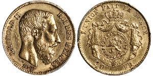 20 Franc Belgium Gold Leopold II of Belgium(1835 - 1909)