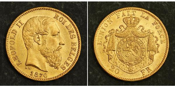 20 Franc Belgium Gold Leopold II of Belgium(1835 - 1909)