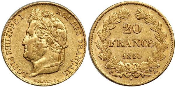 20 Franc July Monarchy (1830-1848) Gold Louis Philippe I of France (1773 -1850)