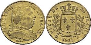 20 Franc Kingdom of France (1815-1830) Gold Louis XVIII of France (1755-1824)