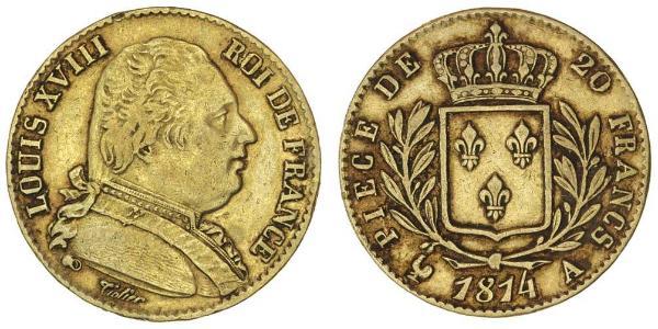 20 Franc Kingdom of France (1815-1830) Gold Louis XVIII of France (1755-1824)