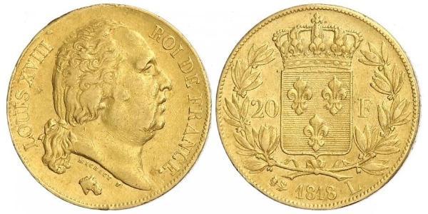 20 Franc Kingdom of France (1815-1830) Gold Louis XVIII of France (1755-1824)