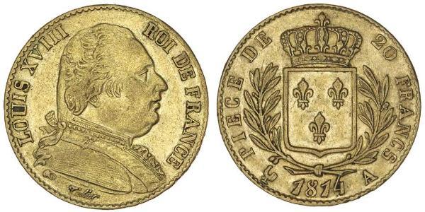 20 Franc Kingdom of France (1815-1830) Gold Louis XVIII of France (1755-1824)