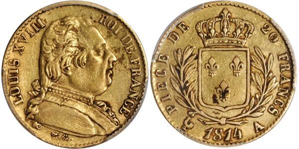 20 Franc Kingdom of France (1815-1830) Gold Louis XVIII of France (1755-1824)