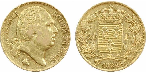 20 Franc Kingdom of France (1815-1830) Gold Louis XVIII of France (1755-1824)