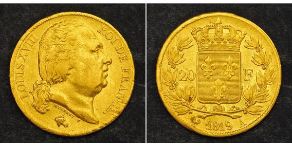 20 Franc Kingdom of France (1815-1830) Gold Louis XVIII of France (1755-1824)